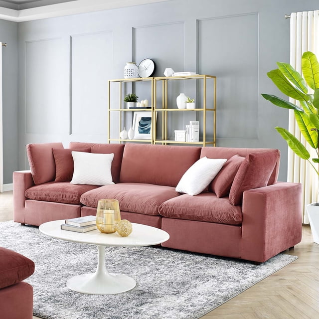 Modway Commix Down Filled Overstuffed Performance Velvet 3-Seater Sofa in Dusty Rose