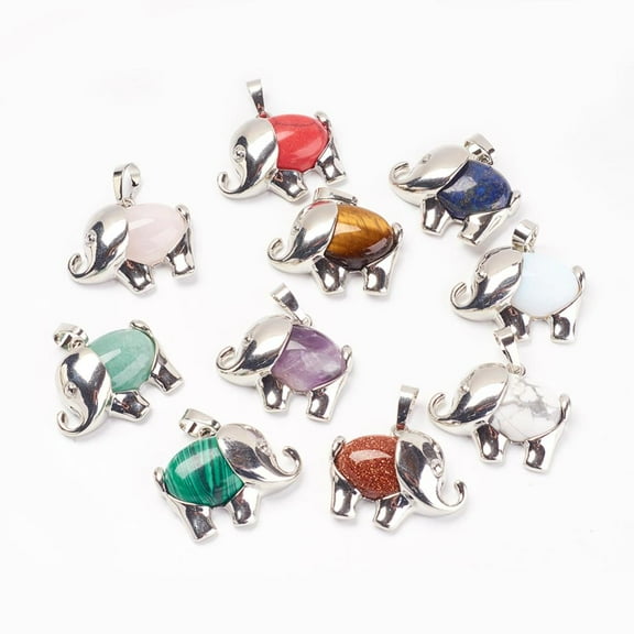 Natural & Mixed Stone Pendants with Brass Findings Elephant Platinum 22.5x27x8mm Hole: 5x8mm
