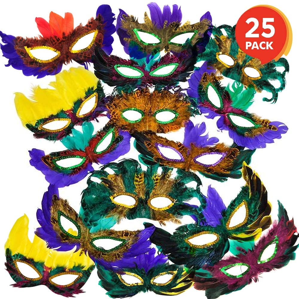Gold Toy Assorted Feather Mardi Gras Masks, Bulk Pack of