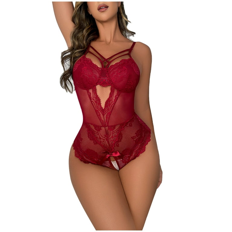 SELONE Plus Size Lingerie Pajamas for Women Mesh Lace Sleeveless Halter Cut  Out Thong Ladies Fashion Lingerie Flowers Hollow Neck Suit for Valentines