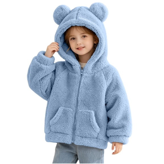 OGLCCG Girls Fuzzy Fleece Jacket Full-Zip Long Sleeve Sherpa Jacket with Ear Hooded Warm Winter Coat for Girls(Blue,5-6 Years)