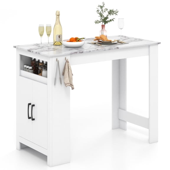 Furnibear Pub Table Bar Height Faux Marble Table with 7 Hanging Hooks and Storage Compartment for Kitchen and Dining Room, White