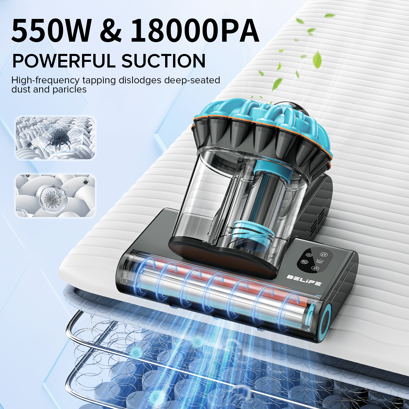 Belife M8 Mattress Vacuum Cleaner, Anti-allergen Bed Vacuum Cleaner with UV & Hot Air & High Heating, 550W 18Kpa Powerful Suction Double-Cup Handheld Vacuum for Bed, Couch, Sofa, Corded