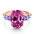 thumbnail image 3 of Gem Stone King 6.89 Ct Oval Pink Created Sapphire Blue Tanzanite 18K Rose Gold Plated Silver 3-Stone Engagement Ring, 3 of 6