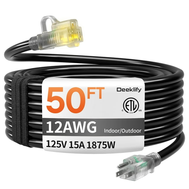 Cable de alimentación Deeklify de 15 A, 1875 W, 50 pies, calibre 12, impermeable