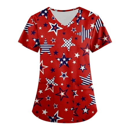 

XHJUN Womens Scrub Tops Clearance American Flag Print Stretch Scrubs Top Short Sleeve V Neck Women Stretch Top Independence Day Printing Top Red S