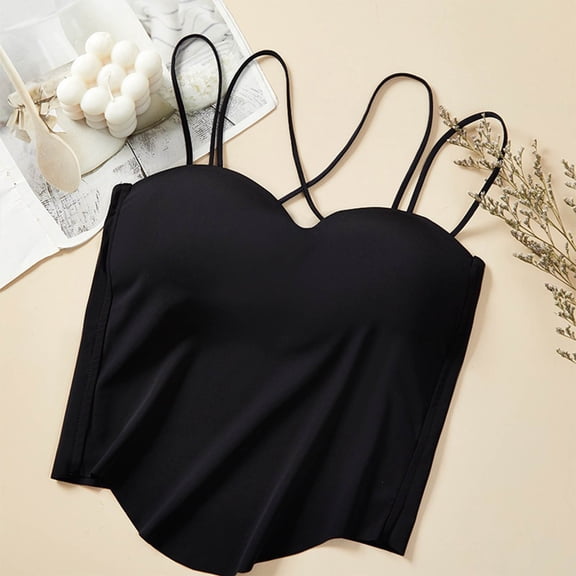 dazeni Bulit in Bra Tank Tops for Women Double Lined Padded Cami Scoop Neck Spaghetti Straps Basic Undershirts Black Free Size