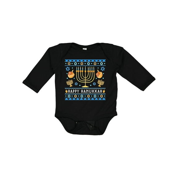 Inktastic Happy Hanukkah Sweater Style Design with Menorah and Dreidel Boys or Girls Long Sleeve Baby Bodysuit