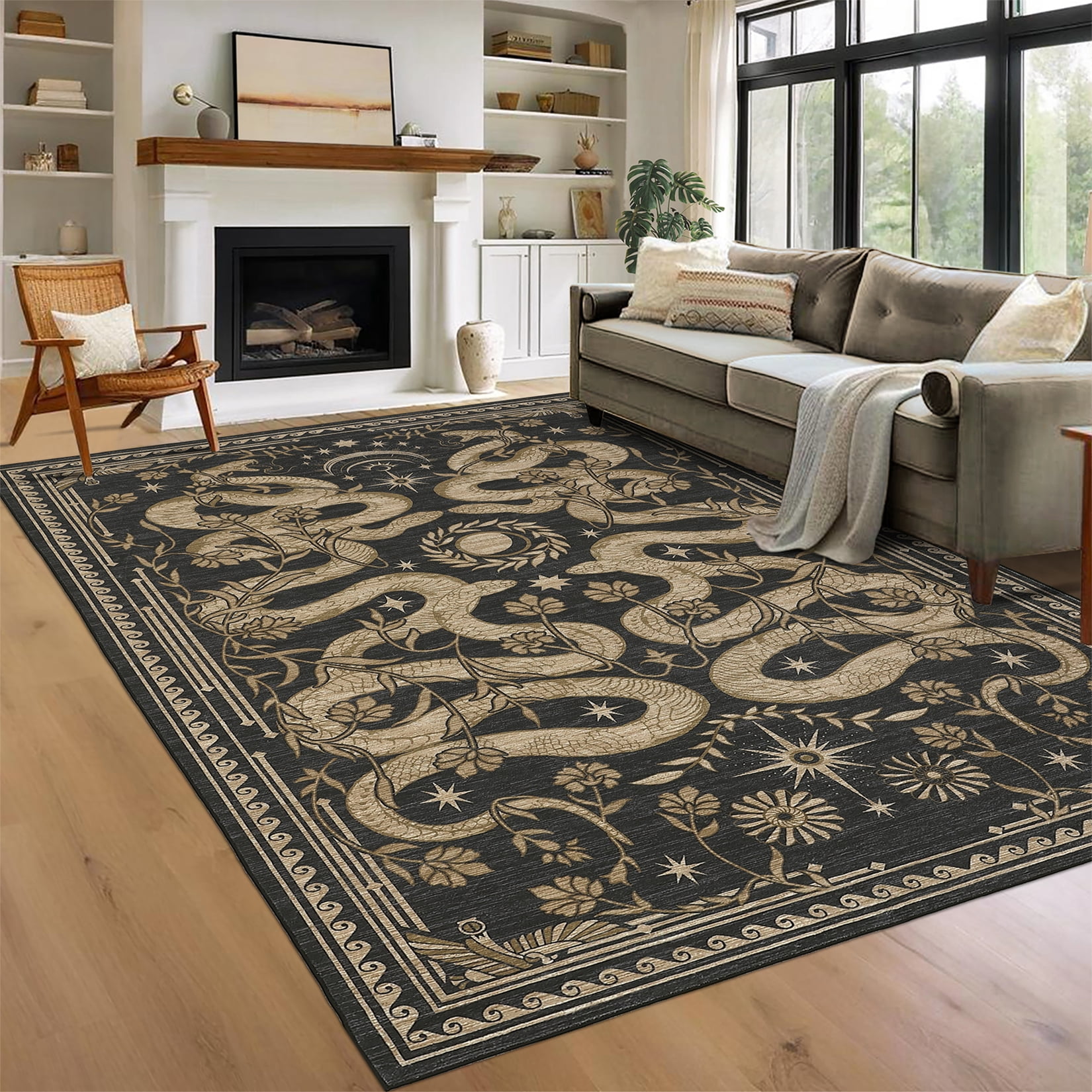 Garvee 6'x9' Modern Snake Printed Area Rug Washable Rug, Forest Low Pile Stain Resistant Rug Non Slip Carpet for Living Room Bedroom Dining Room, Dark Gray