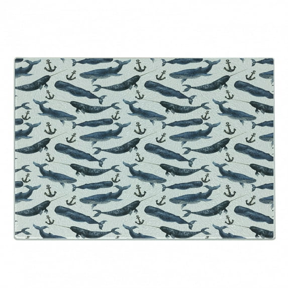 Narwhal Cutting Board, Aquarelle Whales with Anchors Marine Biology Illustration Brush Stroke, Decorative Tempered Glass Cutting and Serving Board, Small Size, Dark Blue Navy Blue, by Ambesonne