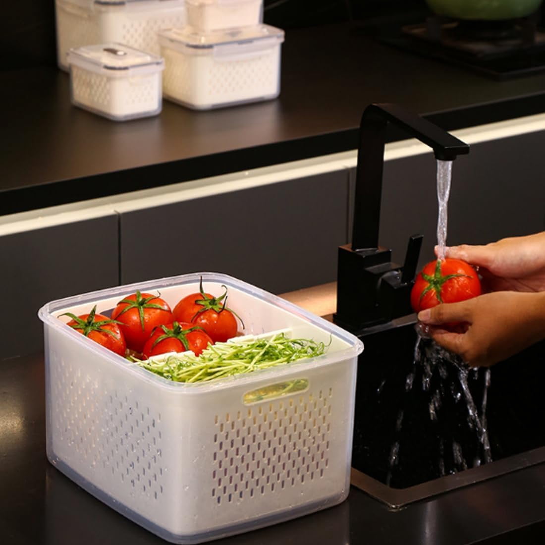2026 New 4 in 1 Food Storage Container, Fruit Storage Containers for Fridge, Including Drain Basket, Produce Storage Containers with Lid and Strainer (S+M+L)