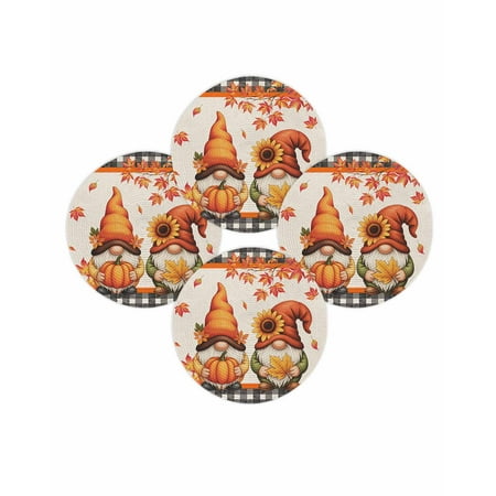 Fall Round Placemats Set of 4 Pumpkin Gnomes Place Mats Thanksgiving Woven Placemat Fallen Maple Leaves Plaid Linen Circle Braided Table Mat for Kitchen Dining Table Autumn Party Home Decor 15 Inch
