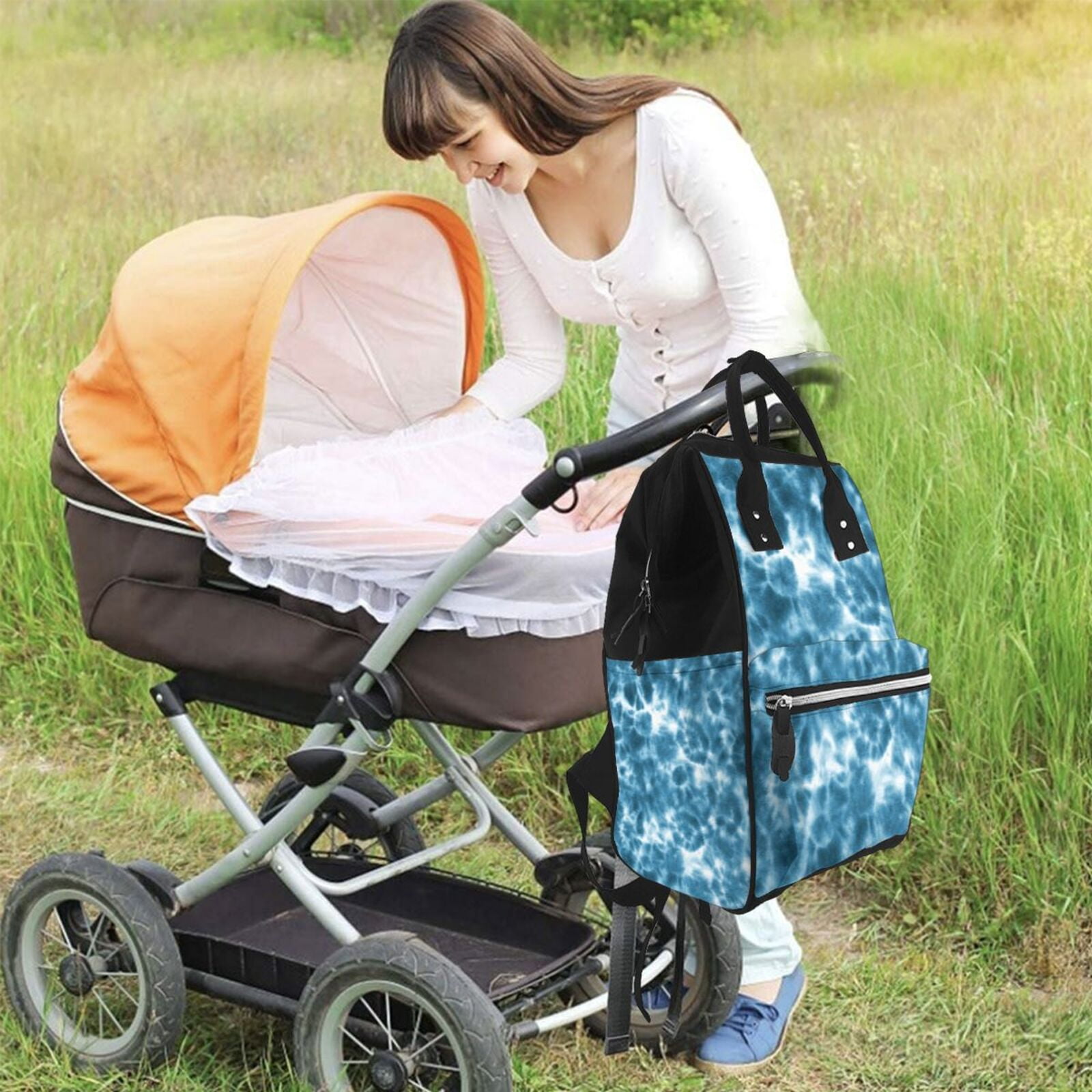 Ratiio Blue Tie Dye Mummy Backpack - Waterproof Twill Canvas, Large Capacity Diaper Bag with Multiple Pockets and Adjustable Straps