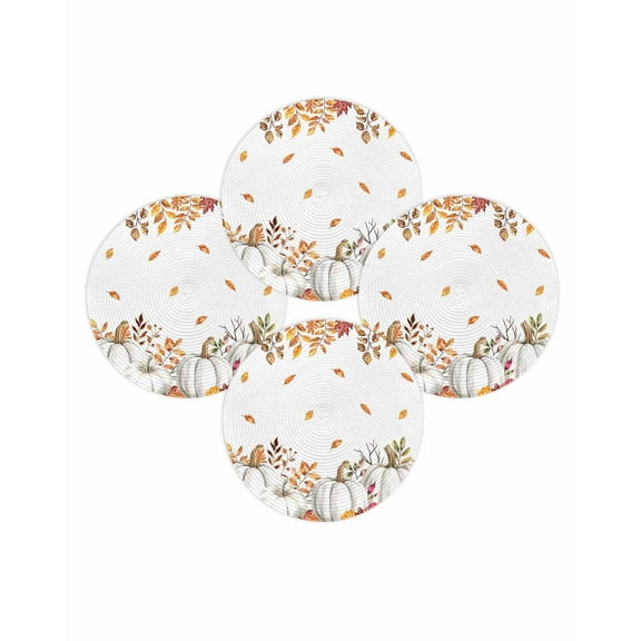 Fall Round Placemats Set of 4 White Pumpkins Place Mats Thanksgiving Woven Placemat Flowers Autumn Maple Leaves Circle Braided Table Mat for Kitchen Dining Table Autumn Party Home Decor 15 Inch