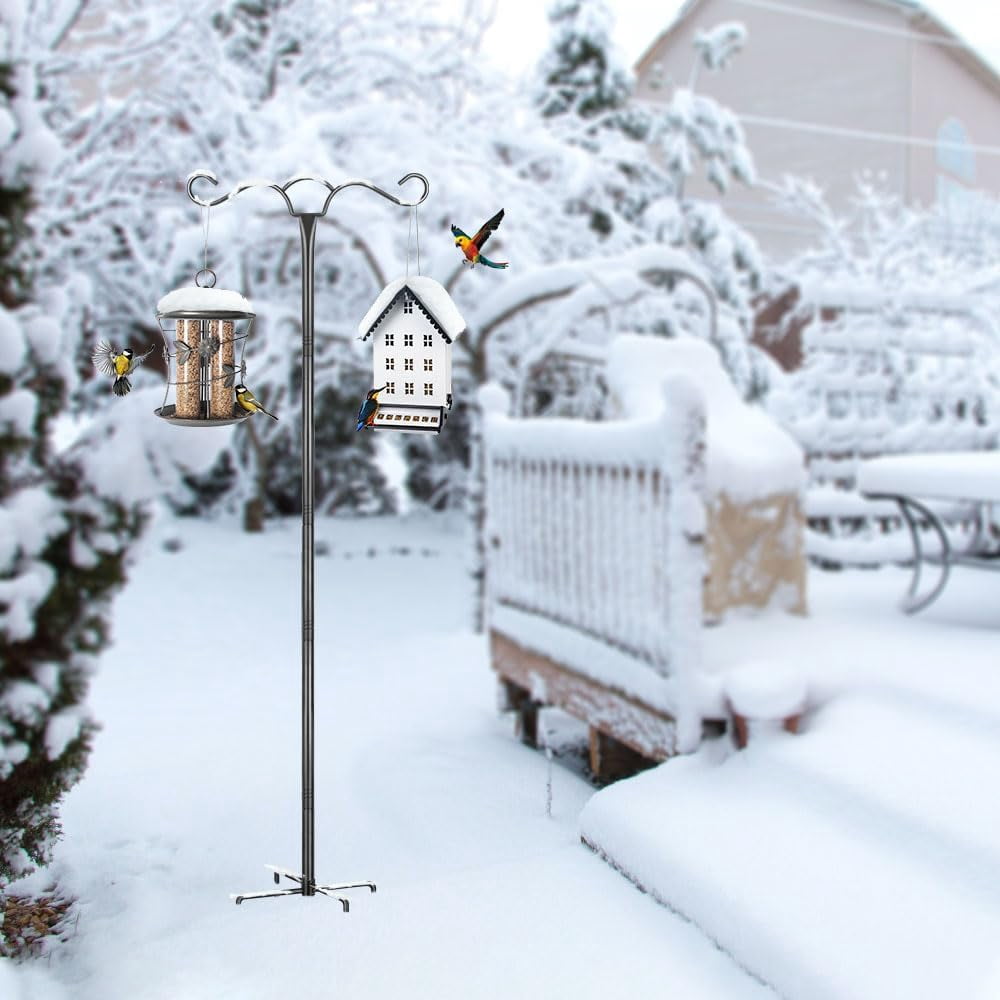 KOLAKO Bird Feeding Station, 197cm Free Standing Bird Feeder Poles Hangers, Metal Heavy Duty Double Shepherds Hook for Garden Lanterns, Light, Black