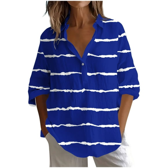 t-shirts for women womens casual tops Womens Casual And Fashionable Printed T-shirt Lapel Button Long Sleeved Top women's casual tops long tops for women