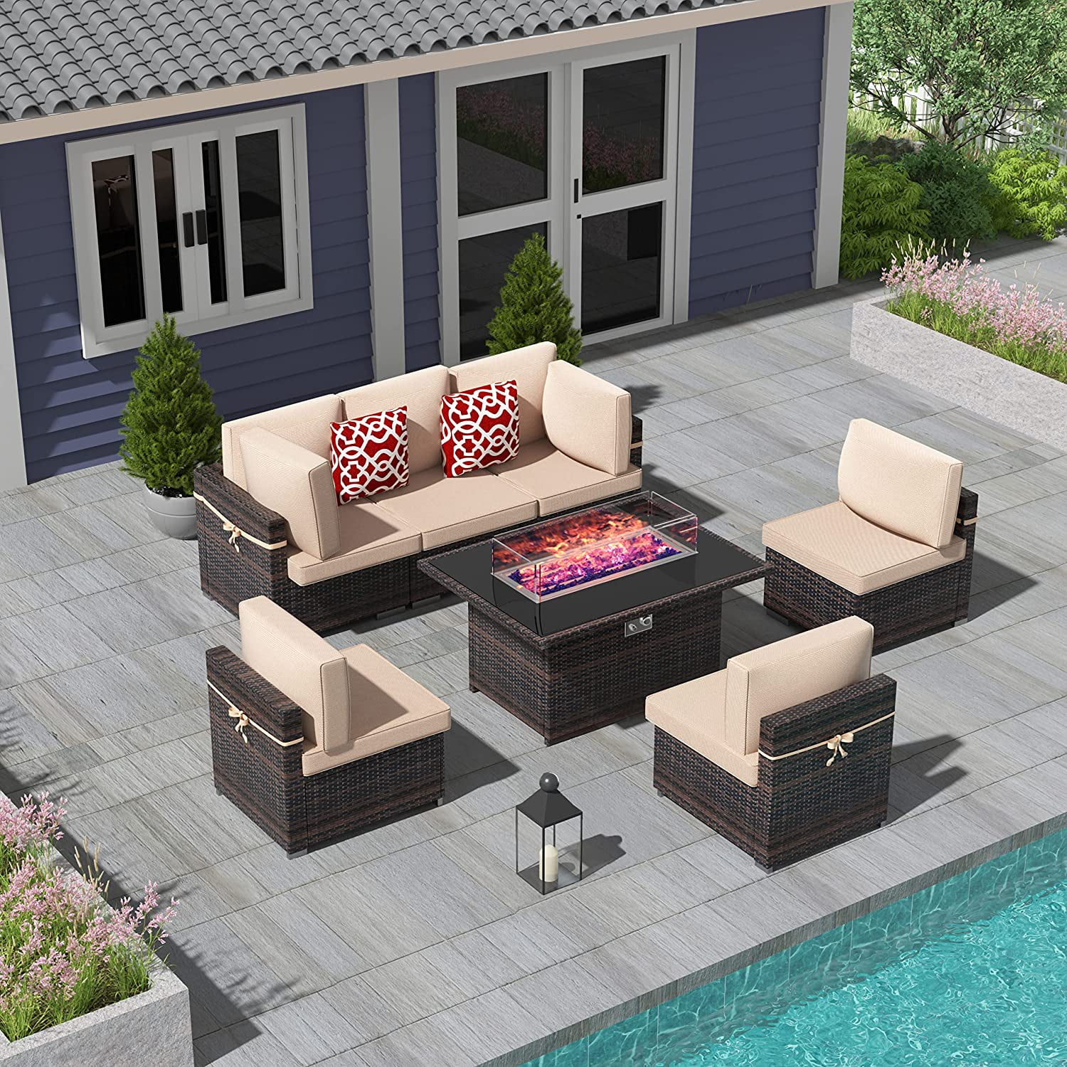 VIVIJASON 7 Pieces Patio Furniture Sectional Sofa Sets with Fire Pit