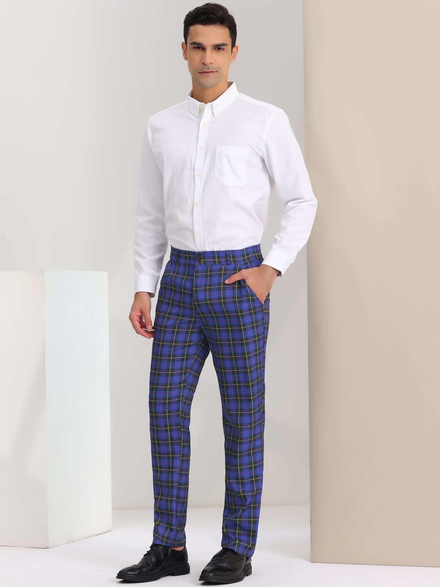 Unique Bargains Men's Dress Pants Casual Flat Front Stretch Business Plaid Pants 32 Purple Navy