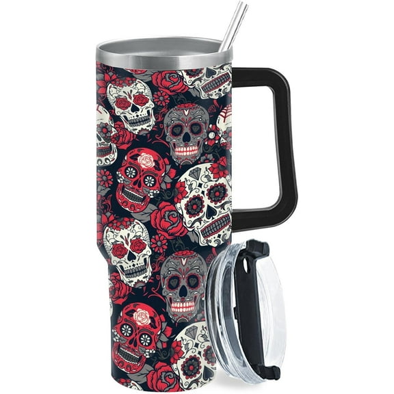 Dead Skull Floral Colorful Sugar 40oz Tumbler With Handle Gifts For Friends Ice Coffee Tumbler With Lids For Camping