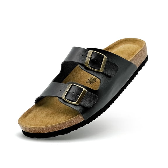 Mens Suede Flat Sandals Cork Footbed Slides 2 Straps Adjustable Buckle Slip On Summer with Comfort Shoes