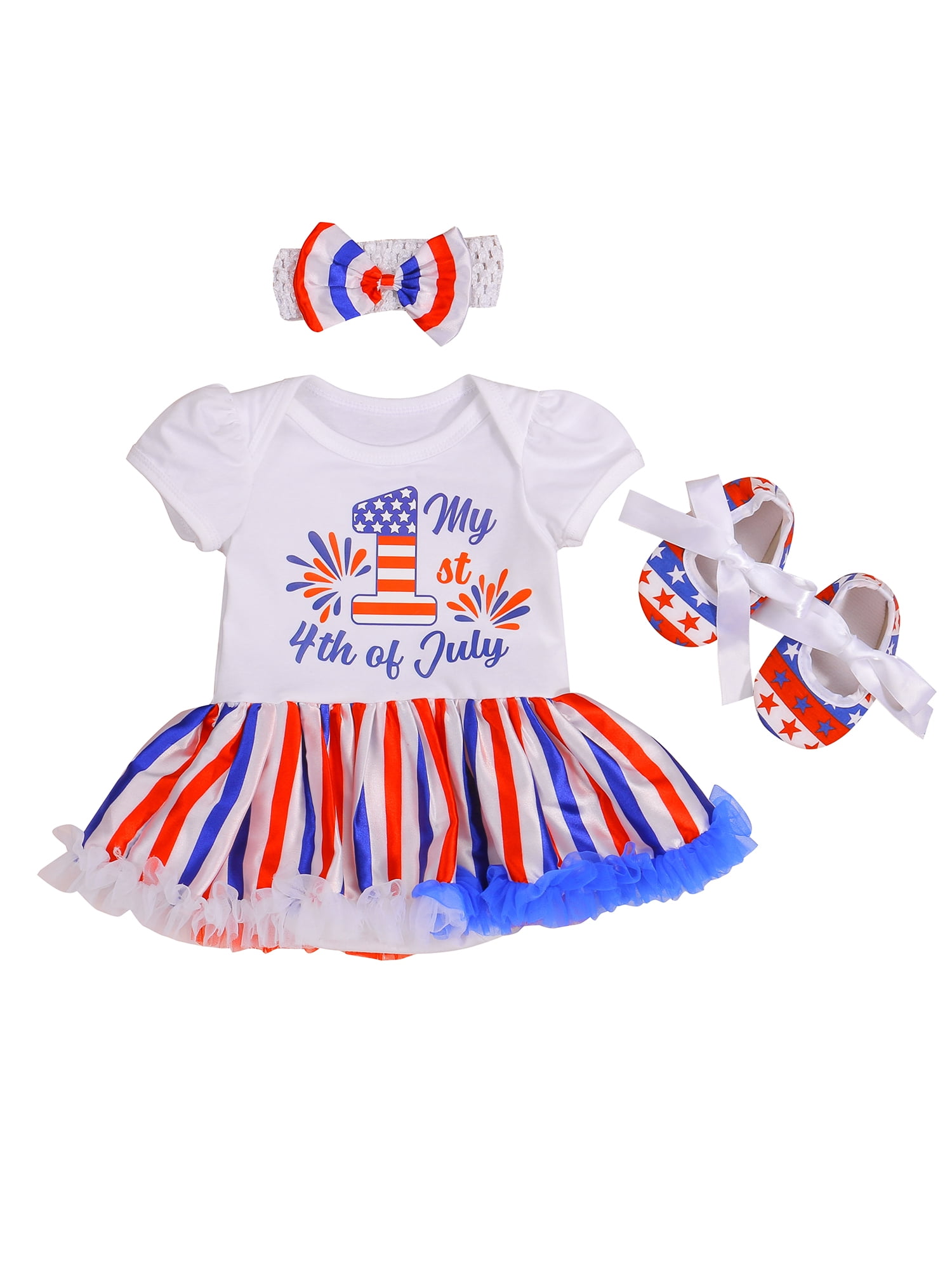 Newborn Baby Girls Independence Day Outfits Set Flag Printing Romper Dress