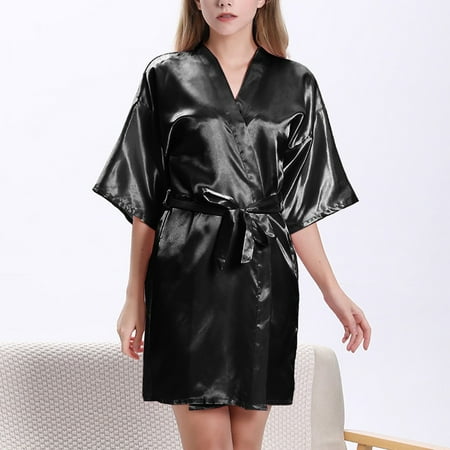 

YIWEI Women Satin Silk Nightdress Lingerie Sleepwear BathRobe Bridesmaid Wedding Robes Black XXL