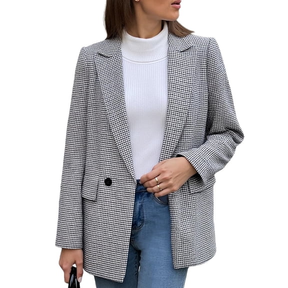 Wutalume Women's Loose Casual Lapel Loose Long Sleeved Pocket Coat, Fashionable Houndstooth Pattern, Warm and Comfortable, Perfect for Everyday Wear and Office Outings,Black L