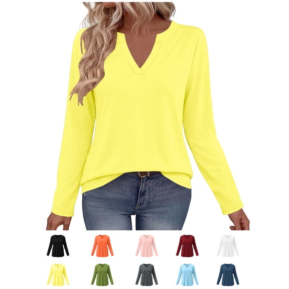 Xaqiouau Women's V-Neck Long Sleeve T-Shirt Solid Color Relaxed Fit Basic Top Stretch Casual Base Layer Shirt Spring Fall Everyday Wear Versatile Staple Yellow XL