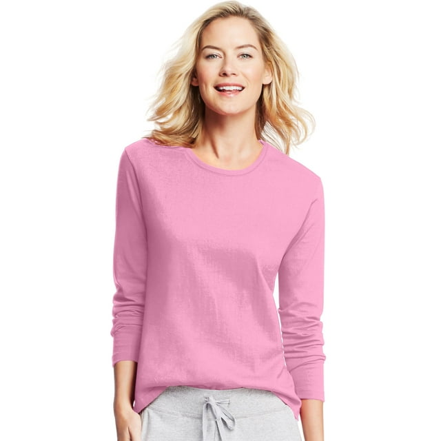 Hanes T-Shirt Col Rond à Manches Longues pour Femmes, 2TG, Rose Vif