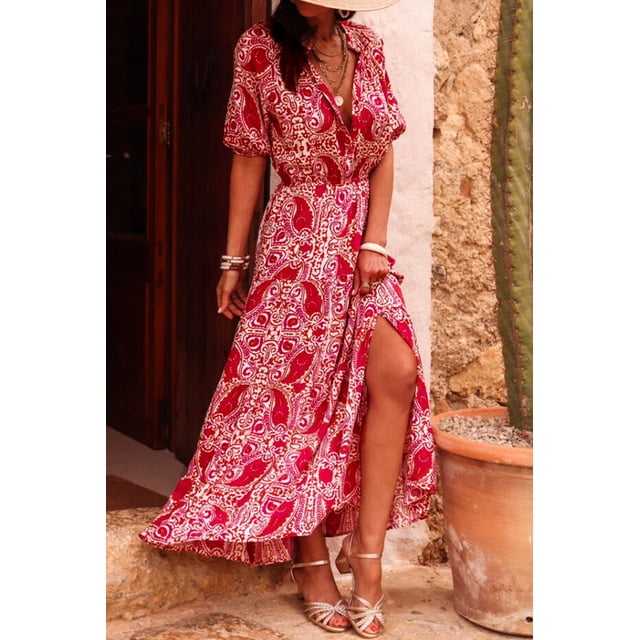 I AM A FASHION JUNKY Red Paisley Print Side Slit Puff Sleeve High Waist Maxi Dress (Red, S, 100%Polyester)