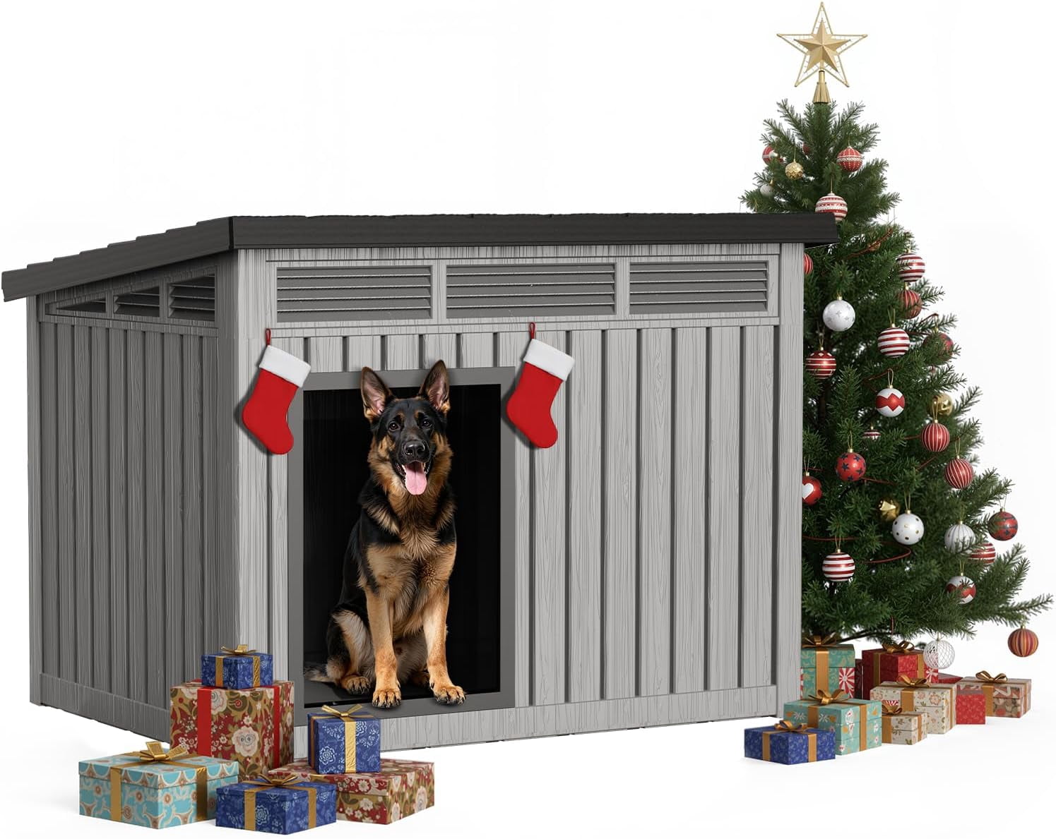 LEHOME Large Dog House Outdoor for Indoor with Weatherproof & Removable Roof,Fits Small to Large (Gray, 42.87 * 32.95 * 31.61'')