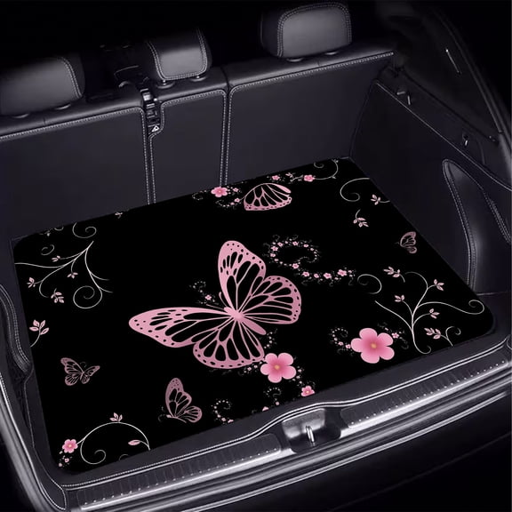 Butterflies Flowers Print Universal Car Trunk Mat All Weather Protection Cargo Liner Durable Vehicle Interior Accessories Suitable for Most Car Models