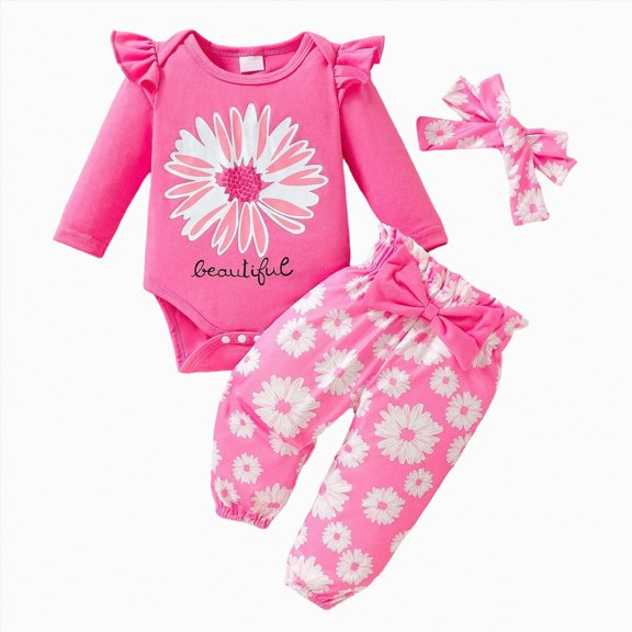 YDFCWXW Baby Girl's 3pc Frill Long Sleeve Romper Pant Set (Red, 0-3Months)