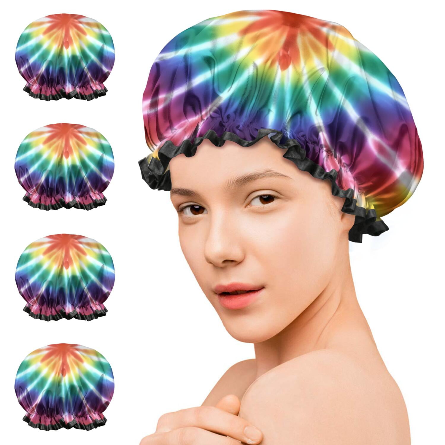 Shower Caps,Colorful Rainbow Tie Dye Spiral Pattern Waterproof Shower Cap for Women 4 Pieces,Double Reusable Hair Cover for Shower PEVA Elastic Stretch Hem