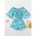 thumbnail image 2 of Kiapeise Toddler Kids Baby Girls Summer Clothes Off Shoulder Ruffle Heart Print Crop Top with Shorts Pants 2PCS Outfits Set, 2 of 9