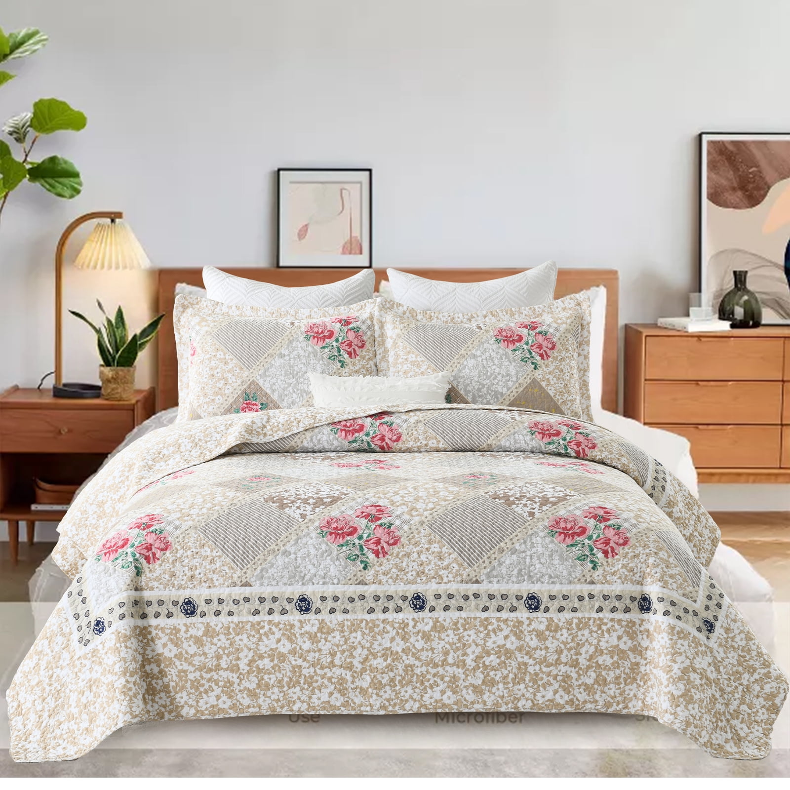 PANGUSHAN 100% Cotton 128"x120" Oversized California King Bedspread Coverlet Quilt Set, Cal King Quilted Bedspread Extra Large Wide Quilt, Floral XL Bed Spread Lightweight Comforter, 3pc, Brown/Gray