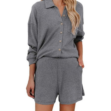

MAWCLOS Ladies Buttons Nightwear Loose Fall Lounge Set Elastic Waist Straight Leg Home Clothes Sleepwear Pajamas Sets Grey 2XL
