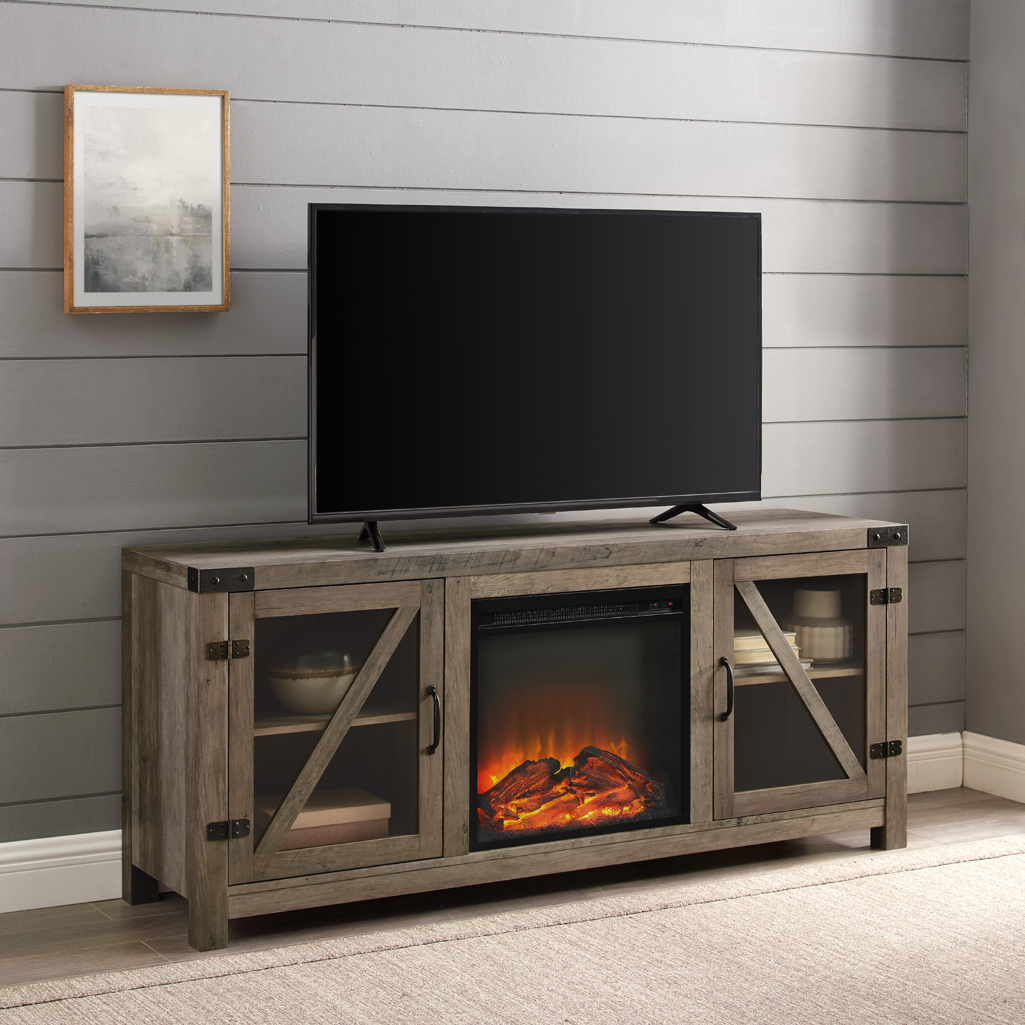 Manor Park Farmhouse Fireplace TV Stand for TVs up to 65", Grey Wash