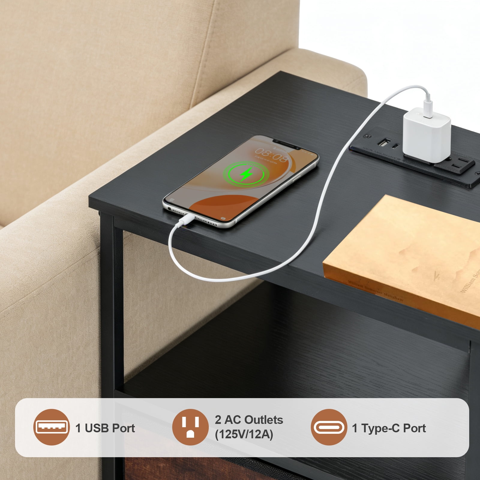 Beddle Nightstand with Charging Station, LED Bedside Table with 1 Fabric Drawer, 3-Tier End Table for Bedroom, Living Room, Black and Brown