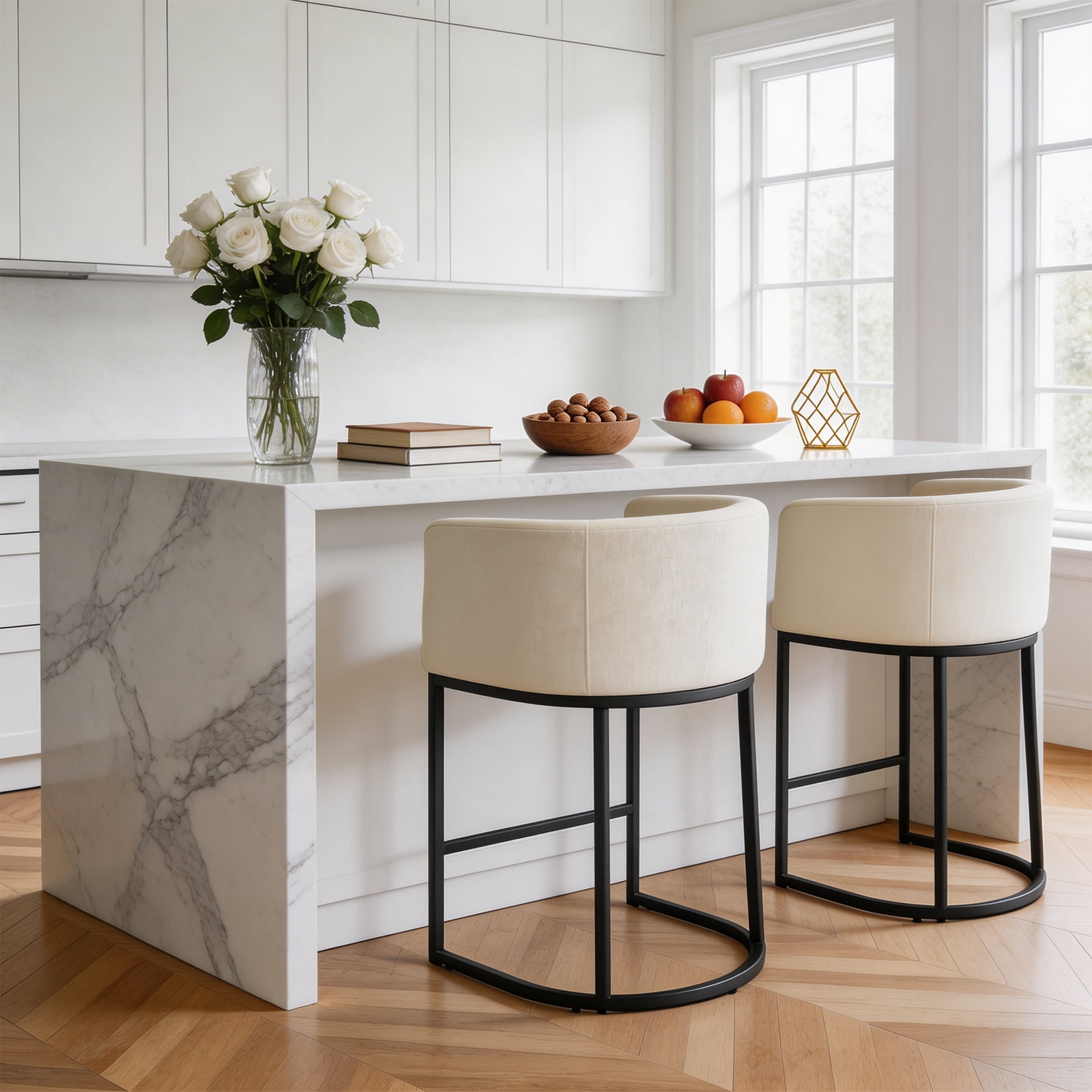 CONCETTA 27" H Barrel Bar Stool, Modern Counter Height Barstools with Linen Fabric Upholstered Seat, 350lbs Capacity Kitchen Island Chair, Bar Stools with Metal Sled Base and Footrest for Kitchen