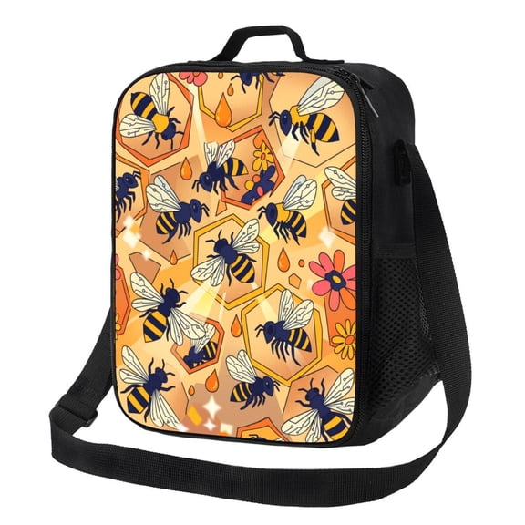Bee Honeycomb Lunch Bag Golden Geometric Insulated Hot Cold Lunch Bag Reusable Lunch Box With Shoulder Strap For Work Office Adults Men Women Daily