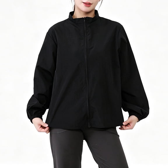 successthop Lightweight Jackets for Women Long Sleeve Jacket Zip Up Coat Plus Size No Hood Outwear with Pockets Black XL