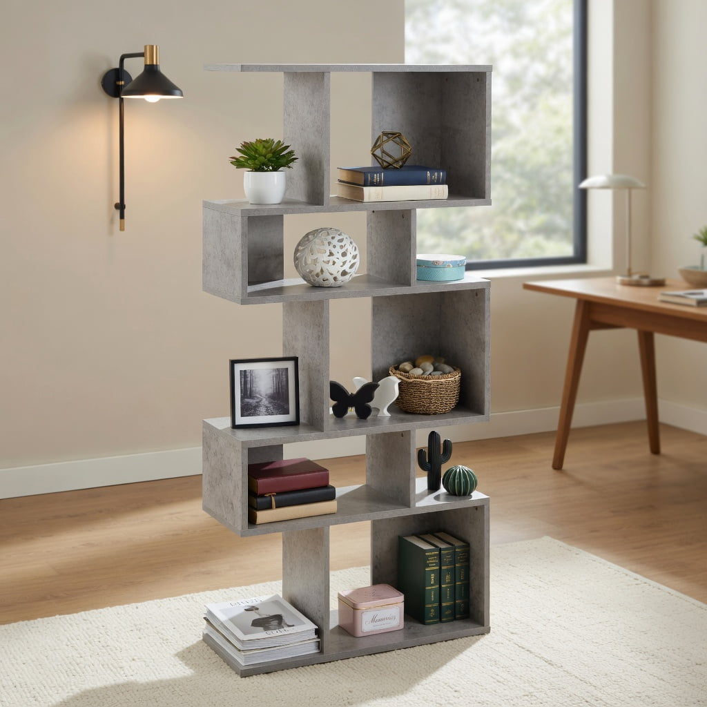 Topcobe 5 Cubes Ladder Shelf Corner Bookshelf Display Rack Bookcase, Tall Bookshelf Modern Book Case for Books, CDs, Movies, Gray