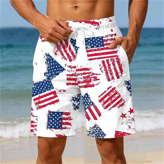 Men's Patriotic 4th of July Print Quick-Dry Swim Trunks, Elastic Waist Beach Shorts with Pockets Purple S
