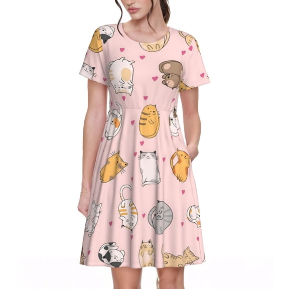Cute Cat Women's Dresses Short Sleeve Nightdresses for Summer