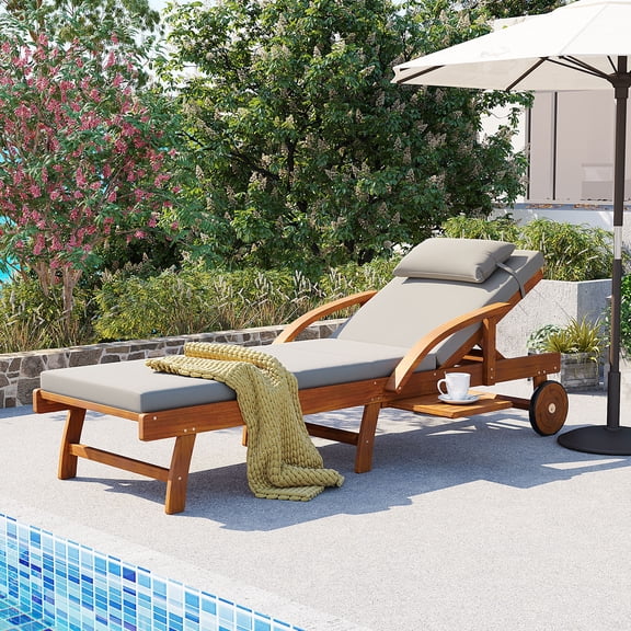 77.5" Acacia Wood Outdoor Patio Chaise Lounge Chairs with Adjustable Backrest and Side Tray