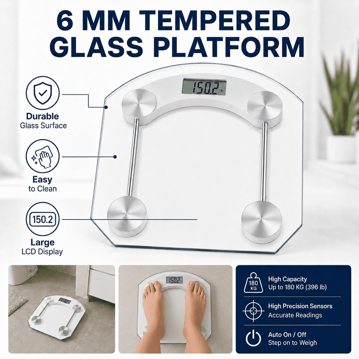 Dependable Industries Personal Digital Bathroom Scale 396 lb Capacity Glass LCD Body Weight Scale with Step-On Technology