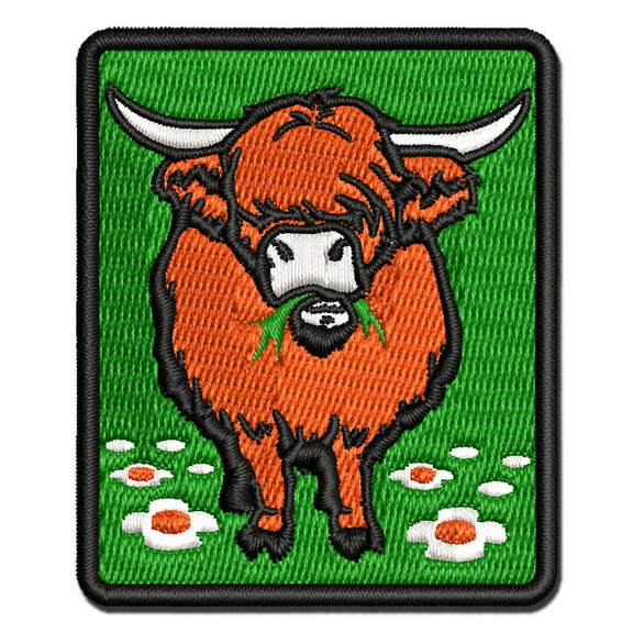 Shaggy Highland Cow Eating Grass Applique Multi-Color Embroidered Iron-On Patch - 2.5 Inch Small