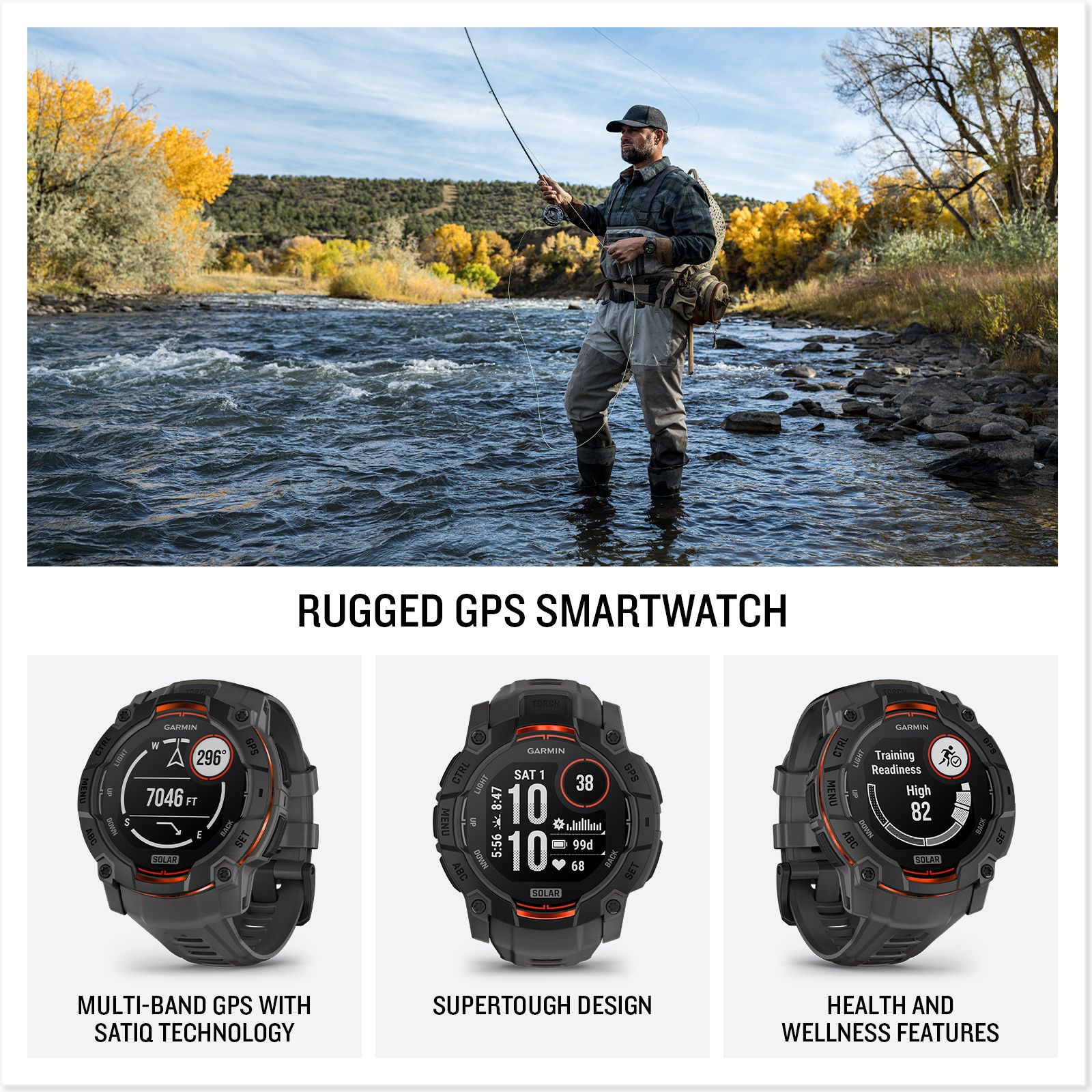Garmin Instinct 3 45mm, Solar Charged Display, Rugged Outdoor GPS Smartwatch, Metal-Reinforced Bezel, Built-In Flashlight, Black