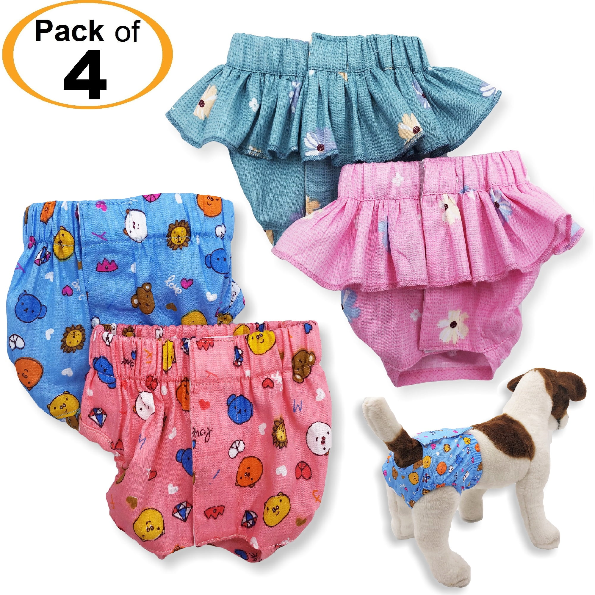 PACK of 4 Female Dog Diapers COTTON Sanitary Pants Panties and Skirts